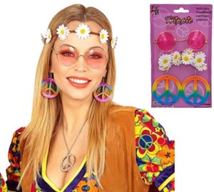 ערכת היפית הכוללת סרט ראש, עגילים ומשקפיים