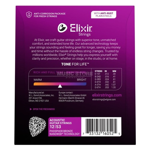 סט מיתרים לאקוסטית ELIXIR 16052 NANO Phosphor Bronze 12-53
