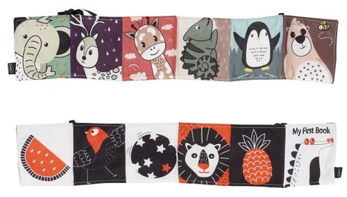 ספרון בד התפתחותי דו-צדדי Animals & Smiles - שחור/לבן/אדום וצבעוני