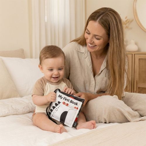 ספרון בד התפתחותי דו-צדדי Animals & Smiles - שחור/לבן/אדום וצבעוני