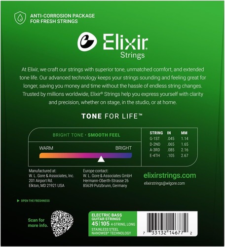 סט מיתרים לבס ELIXIR 14677 NANOWEB STAINLESS STEEL 45-105