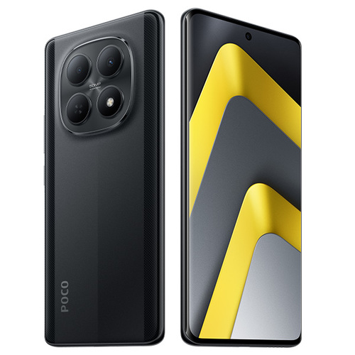 POCO M8 5G 8GB+512GB שחור חזית וגב בזווית מסך ומערך מצלמות