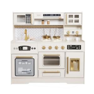 מטבח מפואר לביא מעץ לילדים עם כיריים אלקטרוניות אורות וצלילים, ברז עם אפקטים ו 13 אביזרי משחק