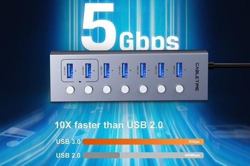רכזת 7 Port Powered USB 3.0 Hub Splitter With Long Cable for Laptop PC