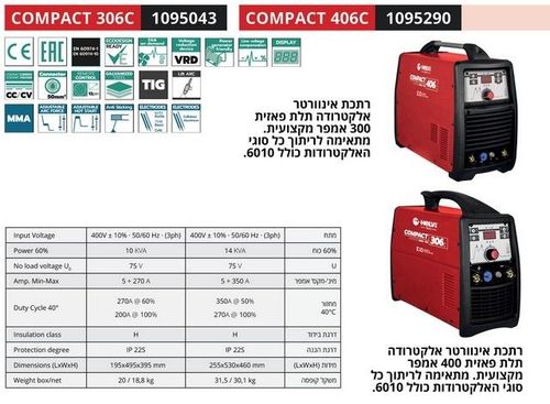 HELVI COMPACT 406C - רתכת אלקטרונית MMA+TIG 400A תלת פאזי
