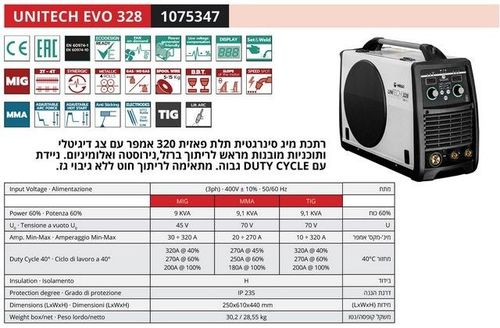 HELVI Unitech 328 - רתכת 320A MIG אינוורטר משולבת מקצועית ת. איטליה