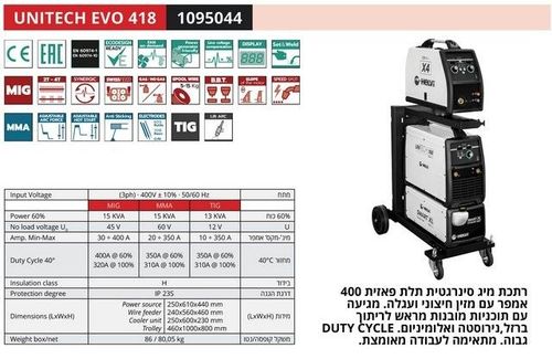 HELVI UNITECH 418 - רתכת MIG סינרגטית 400A + מזין חיצוני