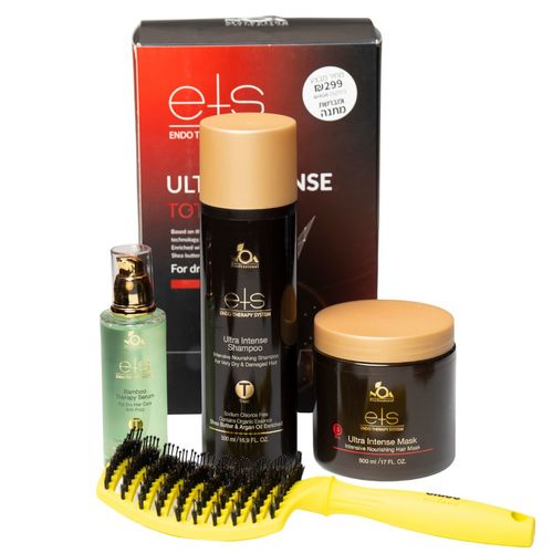 ערכה לשיער ETS ULTRA INTENSE בתוספת לחות מוגברת לשיער יבש מאוד שמפו, מסכה, סרום + מברשת מתנה