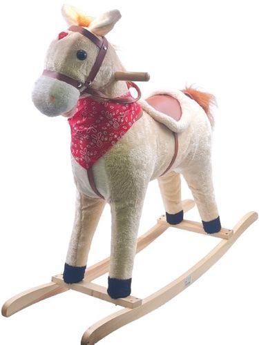 סוס נדנדה גדול עשוי עץ ובד עם אפקטים קוליים של דהירה וצהלות סוס (חום בהיר או כהה)