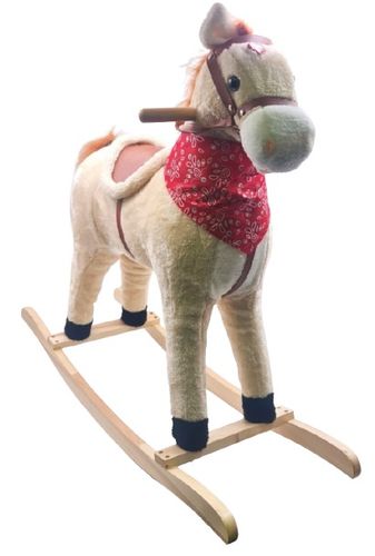 סוס נדנדה גדול עשוי עץ ובד עם אפקטים קוליים של דהירה וצהלות סוס (חום בהיר או כהה)