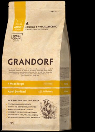 גרנדורף 4 סוגי בשר מזון הוליסטי והיפואלרגני לחתולים מעוקרים ומסורסים בוגרים 8 ק