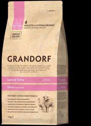 גרנדורף כבש והודו מזון הוליסטי והיפואלרגני לגורי חתולים משלושה שבועות, חתולות בהריון ומניקות 2 ק״ג GRANDORF