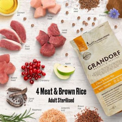 גרנדורף 4 סוגי בשר מזון הוליסטי והיפואלרגני לחתולים מעוקרים ומסורסים בוגרים 8 ק