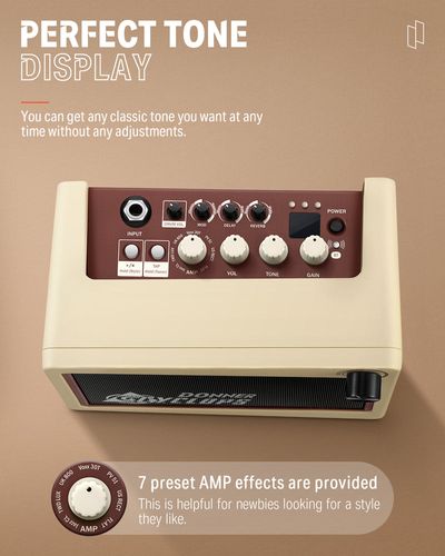 מגבר גיטרה Donner Cyclops EC1217 - מגבר קומבו מיני נייד עם עיצוב רטרו, 7 מודלי מגברים ומכונת תופים לתרגול וג'אמים