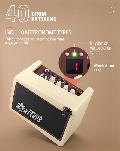מגבר גיטרה Donner Cyclops EC1217 - מגבר קומבו מיני נייד עם עיצוב רטרו, 7 מודלי מגברים ומכונת תופים לתרגול וג'אמים