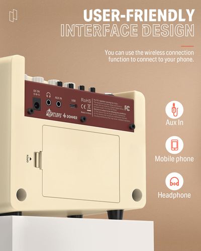 מגבר גיטרה Donner Cyclops EC1217 - מגבר קומבו מיני נייד עם עיצוב רטרו, 7 מודלי מגברים ומכונת תופים לתרגול וג'אמים