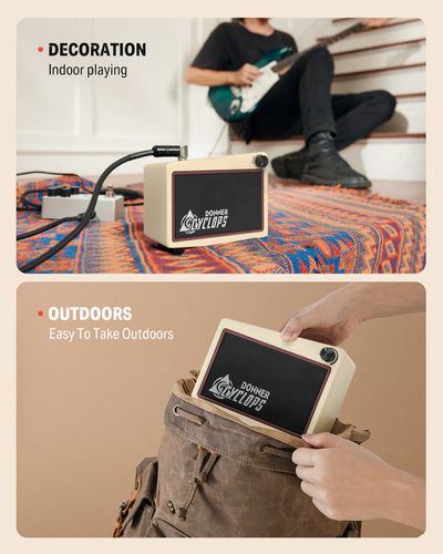 מגבר גיטרה Donner Cyclops EC1217 - מגבר קומבו מיני נייד עם עיצוב רטרו, 7 מודלי מגברים ומכונת תופים לתרגול וג'אמים