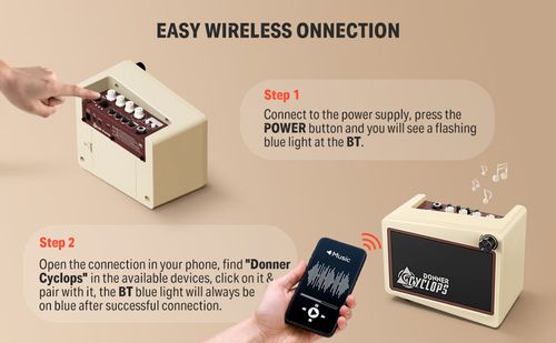 מגבר גיטרה Donner Cyclops EC1217 - מגבר קומבו מיני נייד עם עיצוב רטרו, 7 מודלי מגברים ומכונת תופים לתרגול וג'אמים
