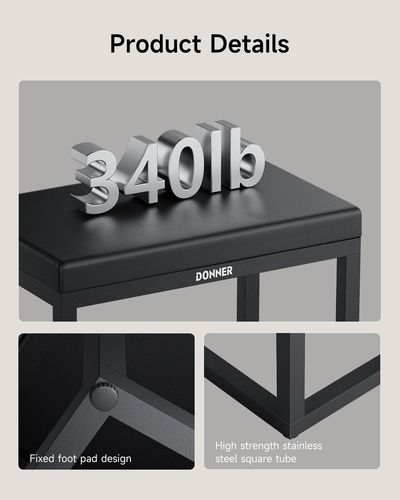 ספסל פסנתר Donner DKB-200 מתכת שחורה - עיצוב מינימליסטי עם רגלי נירוסטה וריפוד עור סינטטי לנוחות מקסימלית