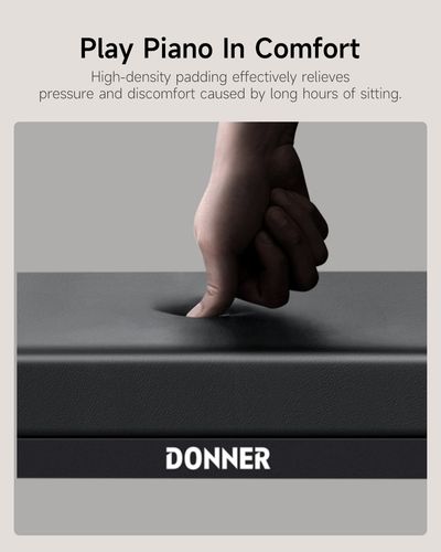 ספסל פסנתר Donner DKB-200 מתכת שחורה - עיצוב מינימליסטי עם רגלי נירוסטה וריפוד עור סינטטי לנוחות מקסימלית