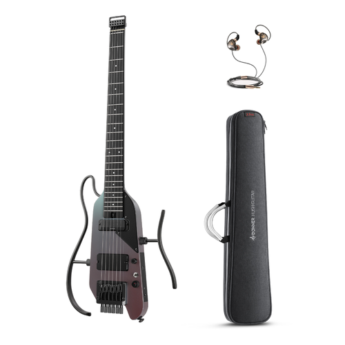 גיטרה חשמלית Donner HUSH X PRO דגם EC7484 - עיצוב ללא ראש עם מערכת DXP מובנית ומסך OLED לשליטה באפקטים ודגמי צלילים