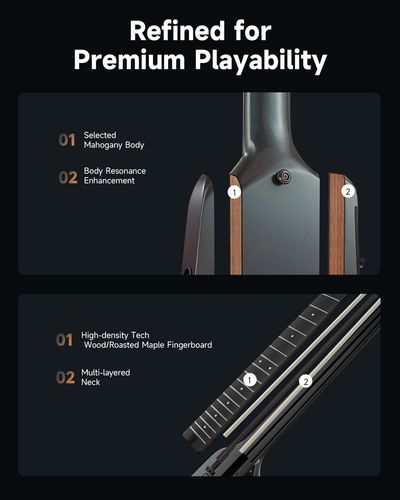 גיטרה חשמלית Donner HUSH X PRO דגם EC7484 - עיצוב ללא ראש עם מערכת DXP מובנית ומסך OLED לשליטה באפקטים ודגמי צלילים