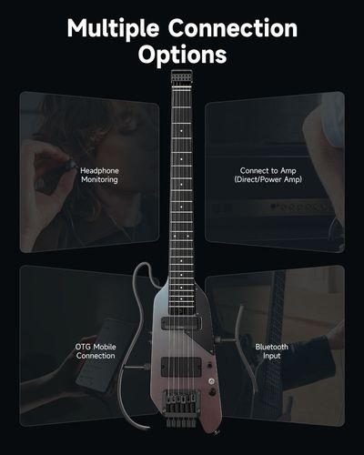 גיטרה חשמלית Donner HUSH X PRO דגם EC7484 - עיצוב ללא ראש עם מערכת DXP מובנית ומסך OLED לשליטה באפקטים ודגמי צלילים