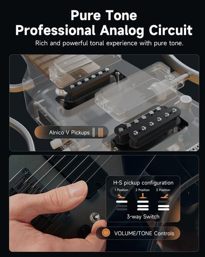 גיטרה חשמלית Donner HUSH X PRO דגם EC7484 - עיצוב ללא ראש עם מערכת DXP מובנית ומסך OLED לשליטה באפקטים ודגמי צלילים