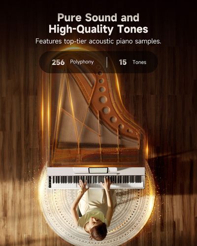 פסנתר דיגיטלי Donner OURA S100 - עיצוב מינימליסטי סקנדינבי עם 88 קלידים משוקללים ומעמד תווים מובנה לנגינה ביתית מקצועית