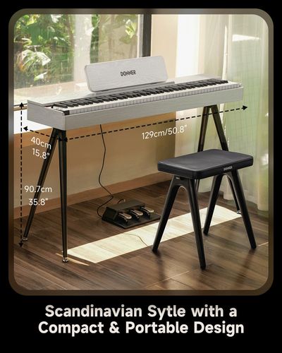 פסנתר דיגיטלי Donner OURA S100 - עיצוב מינימליסטי סקנדינבי עם 88 קלידים משוקללים ומעמד תווים מובנה לנגינה ביתית מקצועית