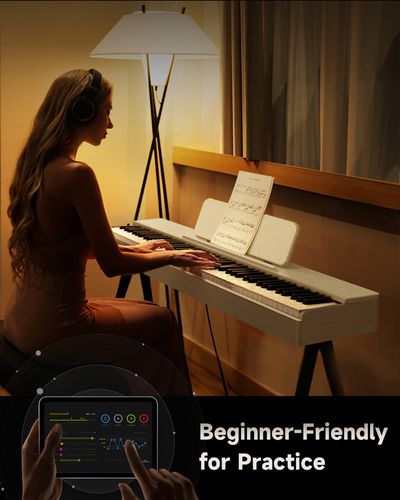 פסנתר דיגיטלי Donner OURA S100 - עיצוב מינימליסטי סקנדינבי עם 88 קלידים משוקללים ומעמד תווים מובנה לנגינה ביתית מקצועית