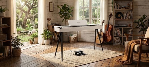 פסנתר דיגיטלי Donner OURA S100 - עיצוב מינימליסטי סקנדינבי עם 88 קלידים משוקללים ומעמד תווים מובנה לנגינה ביתית מקצועית