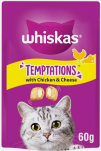 חטיף לחתולים ויסקאס טמפטיישן כריות עוף וגבינה 60 גרם - Whiskas Temptations Chicken & Cheese