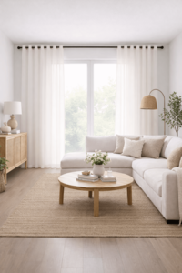 וילון קרפ חצי שקוף תפירת רינגים דגם גבריאל - לבן שבור