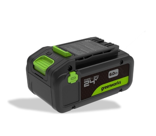 סוללה נטענת Greenworks BA2460CA1 24V 6Ah עם יציאת USB-C - מבט צד על רקע לבן המציג את העיצוב המקצועי ויציאת USB-C לטעינה דו-כיוונית
