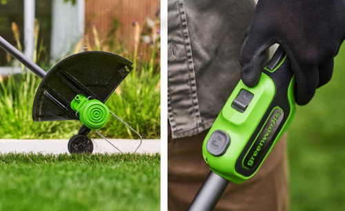 חרמש נטען Greenworks ST24L02-01 24V Brushless עם מערכת 2 ב-1 - מבט על רקע לבן המציג את העיצוב הארגונומי והראש המסתובב לגיזום מקצועי