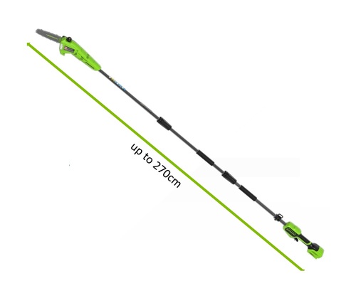 מסור גבהים נטען Greenworks PS24B00-01 24V דור 2 עם מוט אלומיניום 3 חלקים - מבט על רקע לבן המציג את העיצוב המקצועי והמוט המתפרק לגיזום ענפים גבוהים