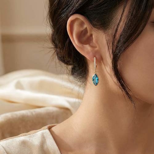 עגילי בלו טופז מרקיז נופלים זהב 14K