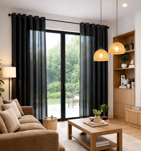 וילון בד תפירת רינגים דגם קורונה - שחור