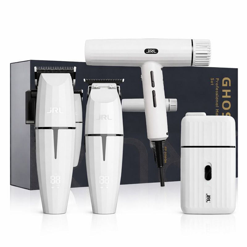 סט מכונות מקצועי למספרות JRL Ghost White – מכונות תספורת + פן + מכונת גילוח 