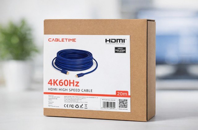כבל HDMI זכר לחיבור HDMI זכר באורך 20 מטר CABLETIME כחול