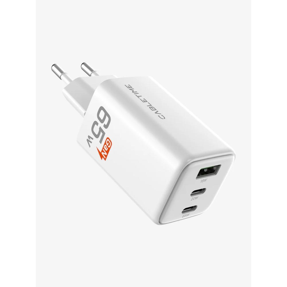 ראש מטען לקיר Cabletime 65W GaN 3-in-1 2xUSB-C/USB PD Charger CT-GAN65-PW (GA65W)