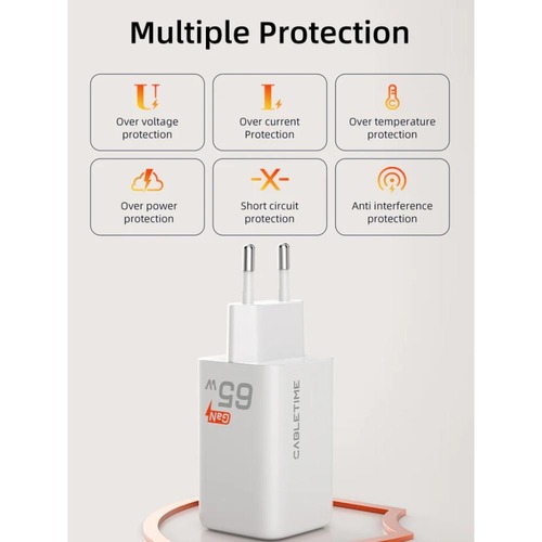 ראש מטען לקיר Cabletime 65W GaN 3-in-1 2xUSB-C/USB PD Charger CT-GAN65-PW (GA65W)