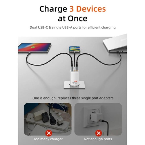 ראש מטען לקיר Cabletime 65W GaN 3-in-1 2xUSB-C/USB PD Charger CT-GAN65-PW (GA65W)