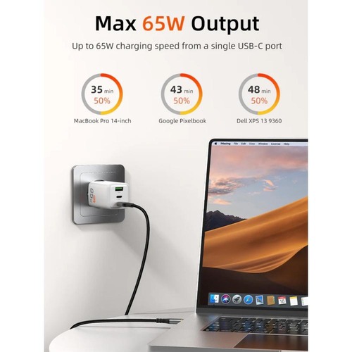 ראש מטען לקיר Cabletime 65W GaN 3-in-1 2xUSB-C/USB PD Charger CT-GAN65-PW (GA65W)