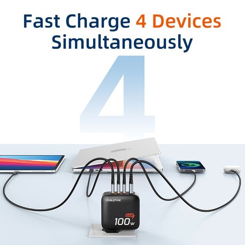 ראש מטען לקיר Cabletime 100W GaN 4-in-1 (3xUSB-C/USB) PD Fast Charger CT-GAN100-PB ( )