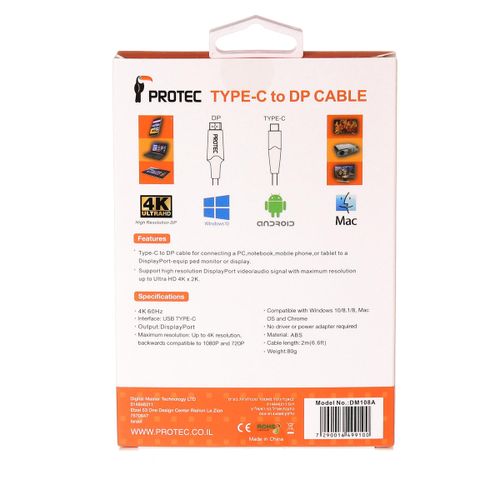 Protec DM108A כבל 2 מ' TYPE C ל-DP זכר 4K 60HZ