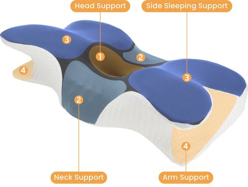 כרית שינה ארגונומית לצוואר כחול ולבן דגם RLC06-1 מבית LUMI כרית שקע ראש אורטופדית אנטומית לבית ולנסיעות