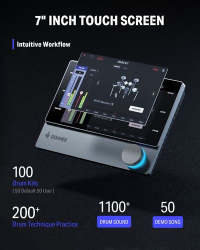 מערכת תופים אלקטרונית Donner BackBeat 8 חלקים עם תאורת LED כחולה מסך מגע 7 אינץ' פדים Mesh דו-אזוריים 3 צלצלים מודול TSM7-1000