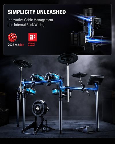 מערכת תופים אלקטרונית Donner BackBeat 8 חלקים עם תאורת LED כחולה מסך מגע 7 אינץ' פדים Mesh דו-אזוריים 3 צלצלים מודול TSM7-1000